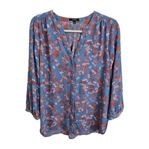 NYDJ Blouse Medium Blue Petal Pintuck Pleated Back 3/4 Sleeve Top Button-Up